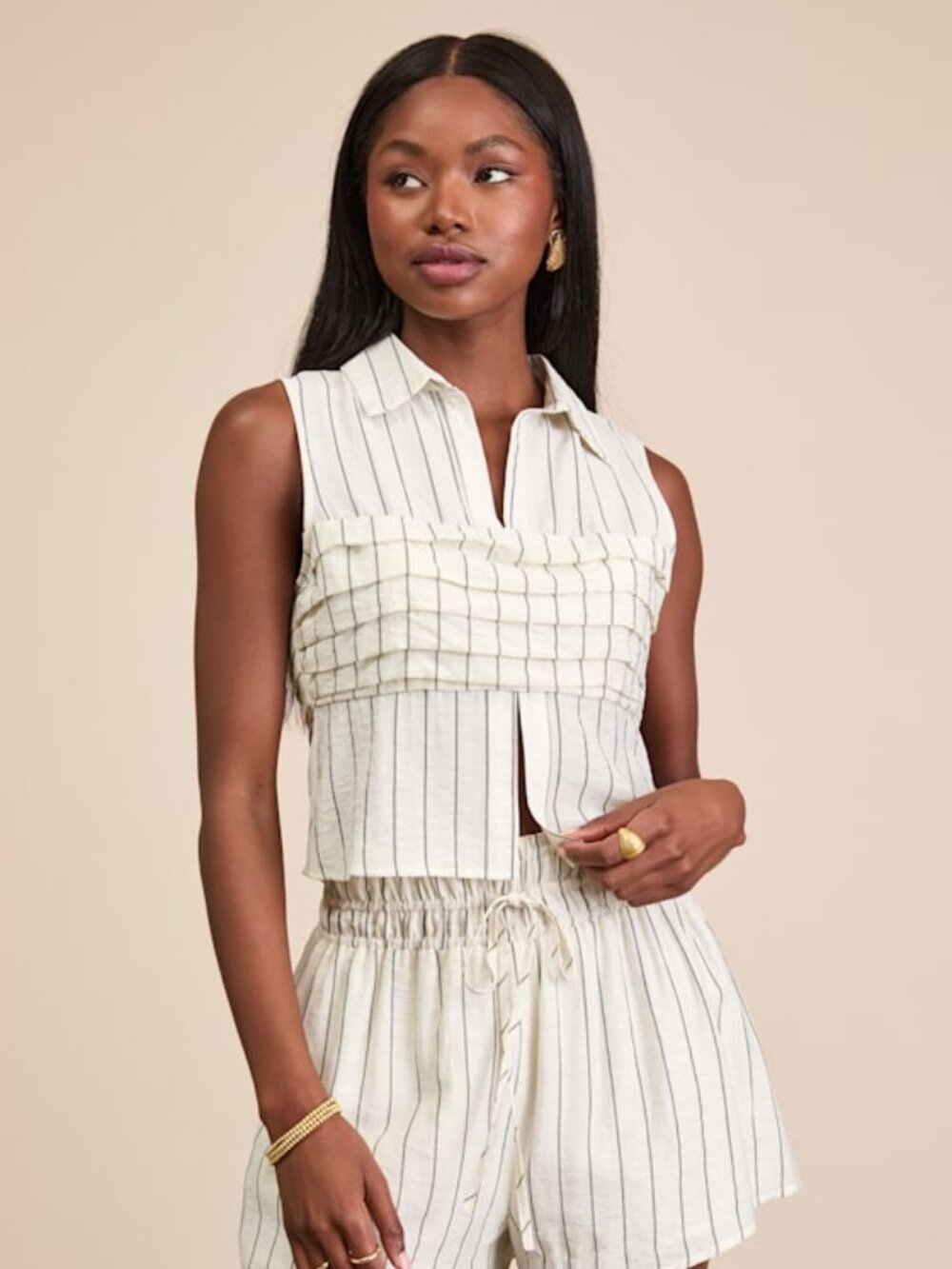 Lulus Clarette Light Beige Striped Pleated Collared Top - Size S
